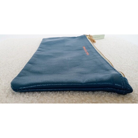 Anthropologie "Creme de la Creme" Blue Leather Gold Zipper Pouch 9 in x 4 in - Picture 7 of 9